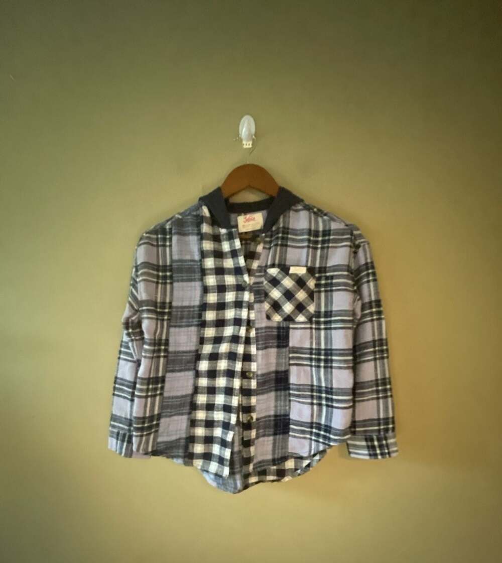 Justice Girls Purple Blue Plaid Mixed Print Hooded Flannel Button-Down Shirt Siz
